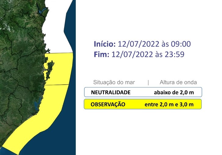 O risco &eacute; moderado nas &aacute;reas em amarelo para agita&ccedil;&atilde;o mar&iacute;tima – Foto: Defesa Civil de Santa Catarina/Divulga&ccedil;&atilde;o/ND