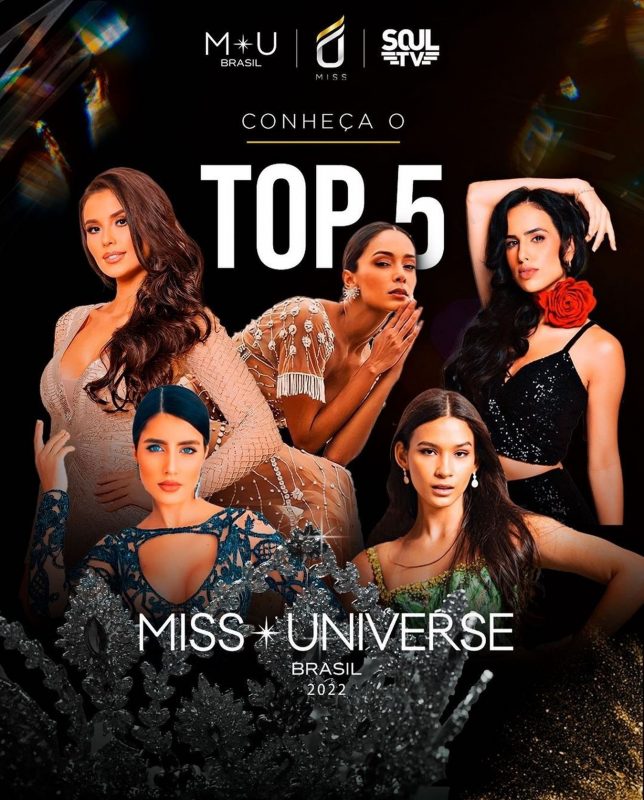 Da esq. para dir.: atr&aacute;s, Alina Furtado (RS), Luana Lobo (CE) e Mia Mamede (ES); na frente, Isadora Murta (MG) e Rebeca Portilho (AM); finalistas do Miss Universo Brasil 2022 – Foto: UMiss TV/Divulga&ccedil;&atilde;o/ND