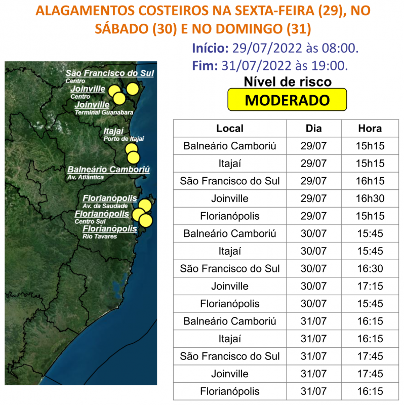 Litoral Norte e Grande Florianópolis Litorânea com risco de alagamentos costeiros &#8211; Foto: Defesa Civil/Reprodução/ND