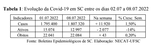 Tabela referente &agrave; semana entre os dias 2 e 8 de julho de 2022 &mdash; Foto: Necat/UFSC/Reprodu&ccedil;&atilde;o/ND