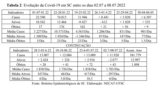 Dados referentes a evolu&ccedil;&atilde;o da Covid-19 em 2022 em Santa Catarina &mdash; Foto: Necat/UFSC/Reprodu&ccedil;&atilde;o/ND