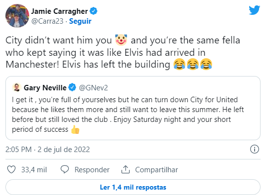 Jamie Carragher e Gary Neville travam batalha nas redes sociais &#8211; Foto: Reprodução/Twitter/ND