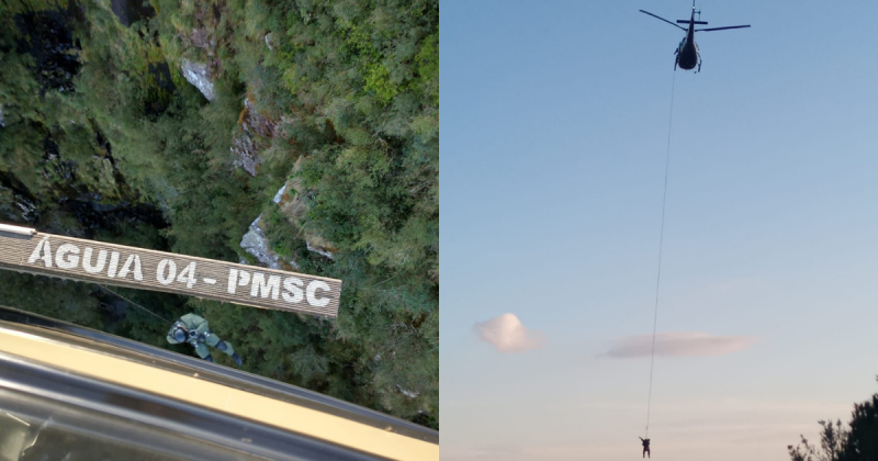 C&atilde;o de ca&ccedil;a sofre queda de 50 metros em c&acirc;nion de SC e &eacute; salvo por helic&oacute;ptero – Foto: PMSC/Divulga&ccedil;&atilde;o/ND