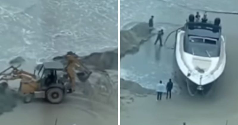 Trator foi acionado para tirar lancha encalhada em Meia Praia – Foto: Reprodu&ccedil;&atilde;o/Internet/Itapema Mil Grau