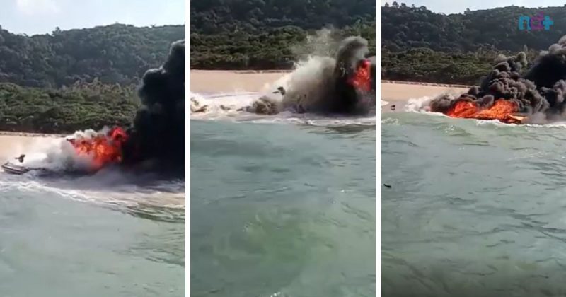 Imagens de lancha incendiada em &aacute;rea de arrebenta&ccedil;&atilde;o em Balne&aacute;rio Cambori&uacute; impressionam – Foto: Reprodu&ccedil;&atilde;o/Internet