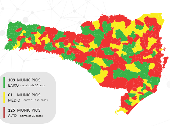 Mapa da SES mostra 125 municípios com alta incidência de Civd-19 – Foto: SES/Divugalção/ND