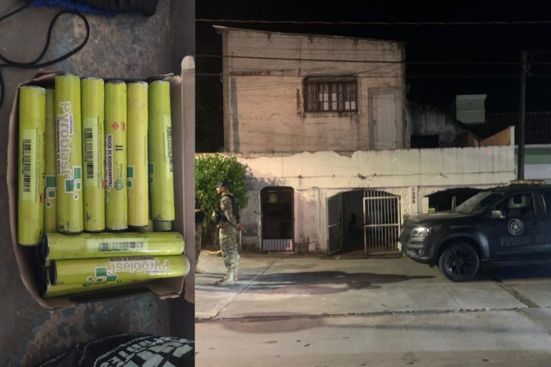 Material explosivo foi apreendido com casal no bairro Espinheiros, zona Leste da cidade – Foto: Montagem ND/Ricardo Alves/NDTV/PMSC/Divulga&ccedil;&atilde;o