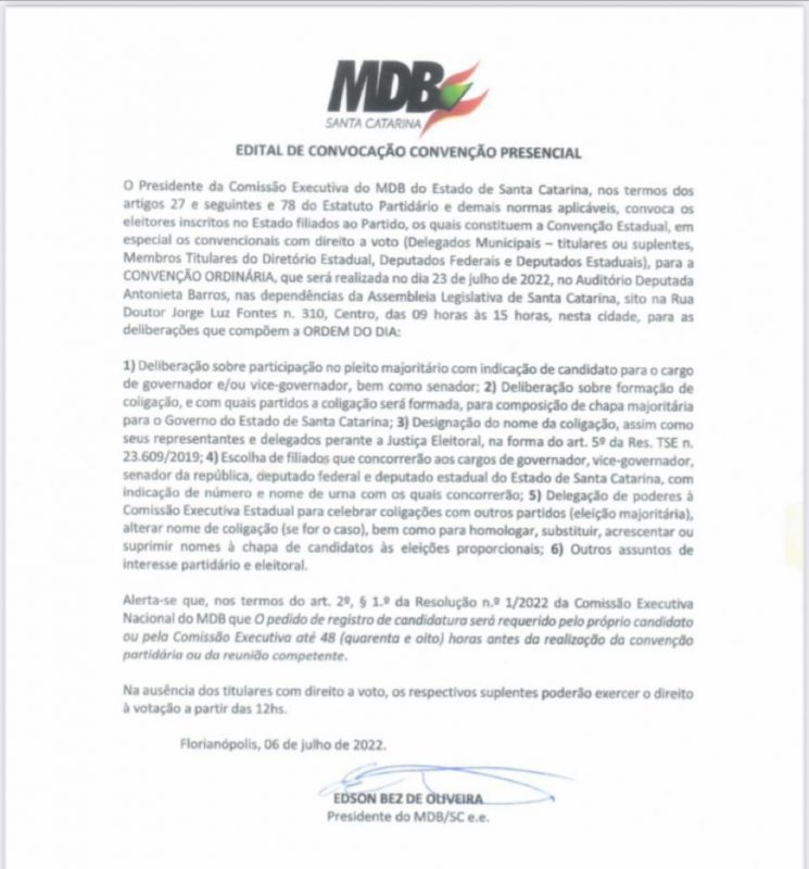 Edital da conven&ccedil;&atilde;o do MDB foi publicado nesta sexta-feira e a partir da&iacute; os interessados j&aacute; podem se inscrever – Foto: Divulga&ccedil;&atilde;o/ND