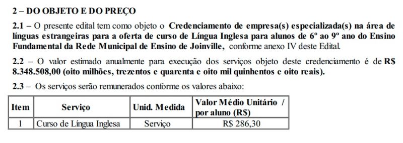 detalhes do contrato para o curso de inglês