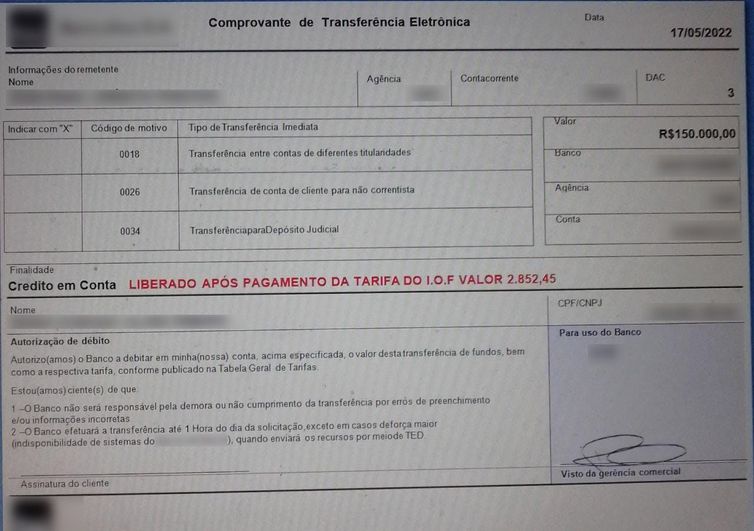 Boleto usado no golpe condiciona transfer&ecirc;ncia de empr&eacute;stimo a pagamento adiantado de IOF por Pix. – Foto: Receita Federal/ND