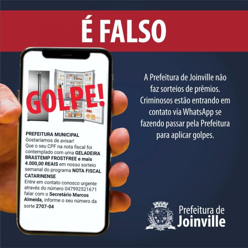 Prefeitura de Joinville alerta sobre golpe pelo WhatsApp – Foto: Prefeitura de Joinville/Divulga&ccedil;&atilde;o
