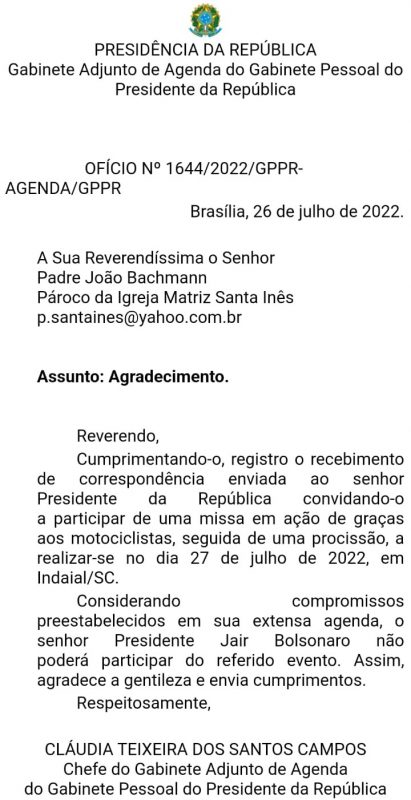Resposta do Gabinete Pessoal do Presidente da Rep&uacute;blica sobre o convite a Bolsonaro para participar de motociata em Indaial – Foto: Divulga&ccedil;&atilde;o/ND