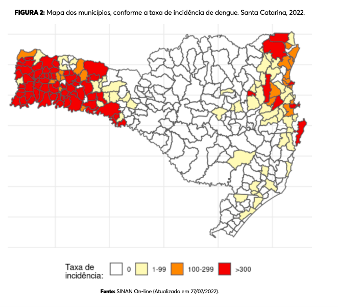 O n&uacute;mero de casos confirmados de dengue em 2022 s&atilde;o 312% maior que no mesmo per&iacute;odo do ano passado em Santa Catarina – Foto: Dive/Divulga&ccedil;&atilde;o/ND