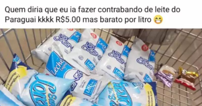 Post no Facebook mostra carrinho cheio com pacotes de leite em mercado paraguaio – Foto: Reprodução