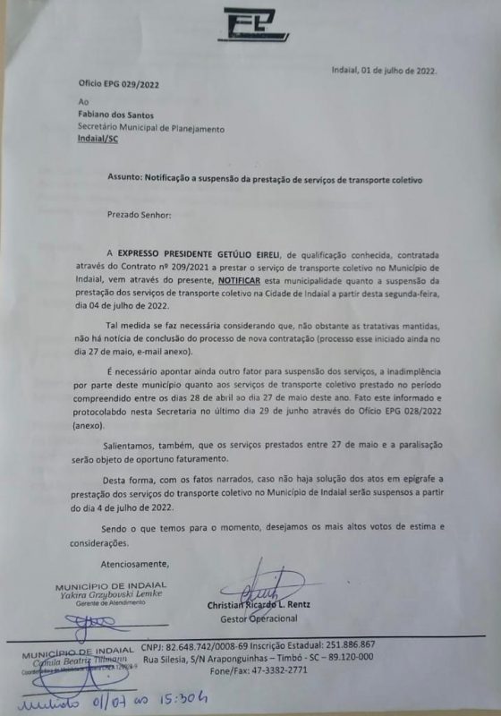 Of&iacute;cio enviado pela Expresso Presidente para a prefeitura comunicando a suspens&atilde;o dos servi&ccedil;os – Foto: Mois&eacute;s Stuker/NDTV