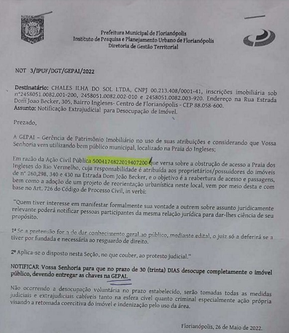 Notifica&ccedil;&atilde;o emitida pelo IPUF em maio deste ano