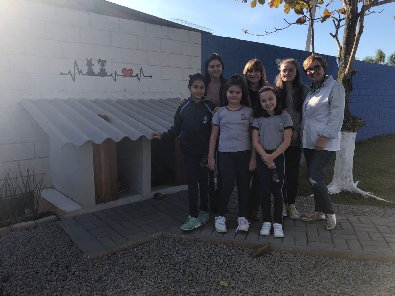 Escola inaugura “c&atilde;odom&iacute;nio”, espa&ccedil;o com duas casinhas para os cachorros adotados da unidade – Foto: Renata Bomfim