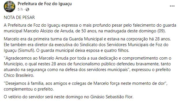 Prefeitura de Foz do Igua&ccedil;u publicou uma nota de pesar sobre a morte de Marcelo Aloizio de Arruda – Foto: @prefeituradefozoficial/Reprodu&ccedil;&atilde;o/ND