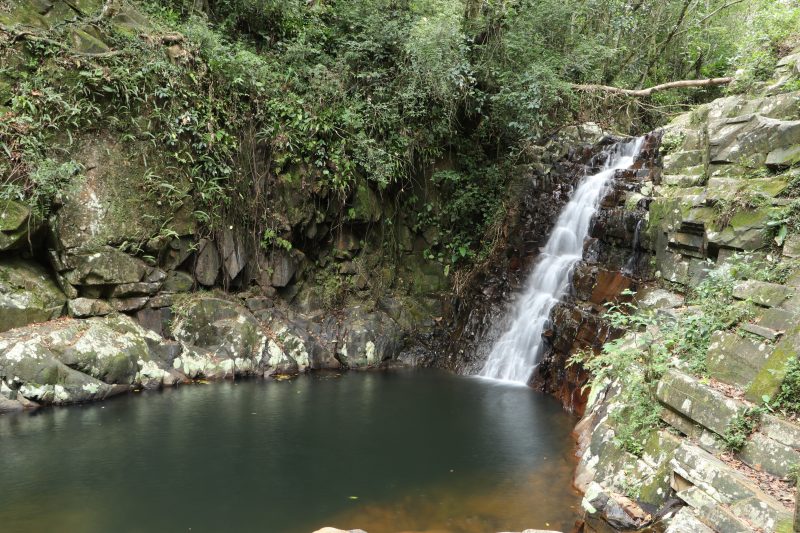 Na imagem aparece uma pequena cachoeira na região central da cidade, como sugestão de trilhas em Florianópolis