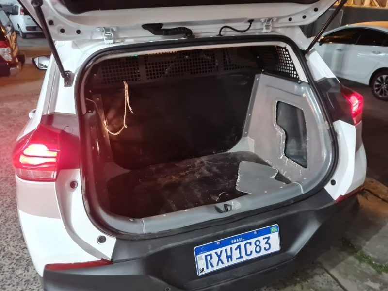 Homem quebrou port&atilde;o e carro de vizinho, danificou viatura e tentou pegar armas de policiais militares – Foto: Pol&iacute;cia Militar/Divulga&ccedil;&atilde;o