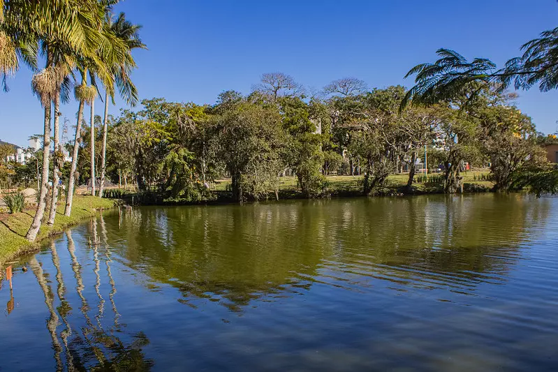 Jardim Botânico de Florianópolis Foto do Jardim Botânico de Florianópolis. A imagem mostra um grande lago e ao redor dele várias árvores. O céu está azul.