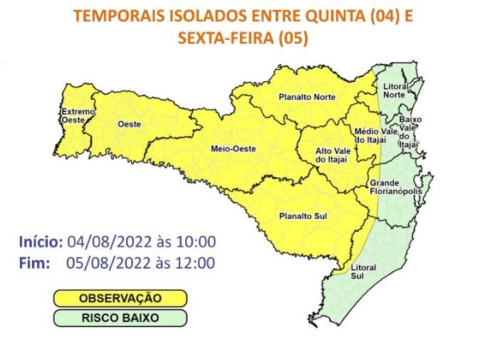 Regiões em amarelo estão em estado de observação para as ocorrências de temporais a partir da manhã desta quinta &#8211; Foto: DCSC/Divulgação/ND