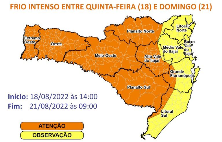 Alerta para frio intenso a partir desta quinta-feira (18) em Santa Catarina – Foto: Defesa Civil/Divulga&ccedil;&atilde;o/ND