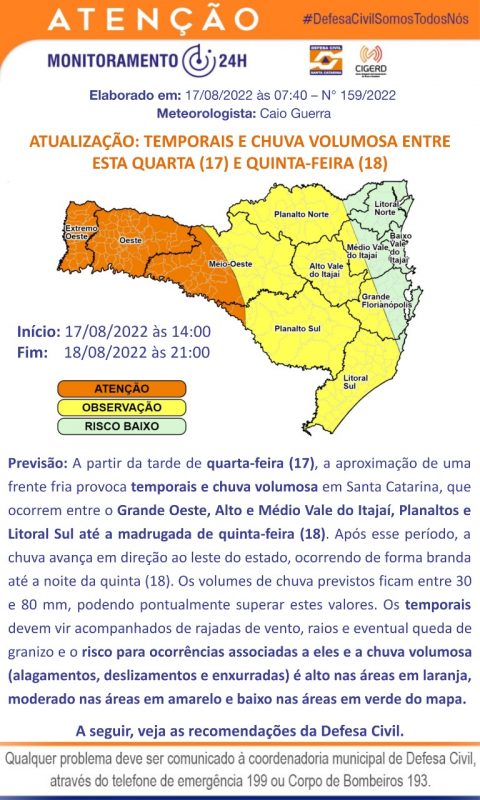 H&aacute; risco de temporais e chuva volumosa em SC – Foto: Defesa Civil