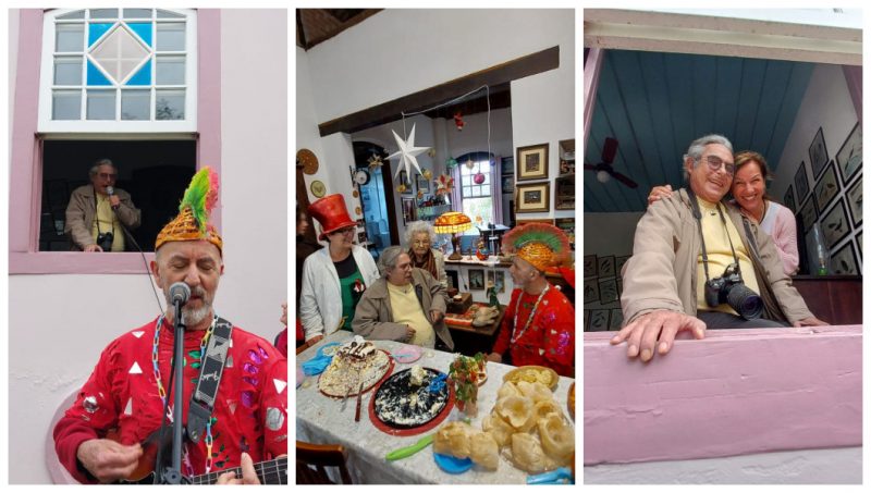 Peninha (na janela) recebe os parab&eacute;ns de amigos, entre eles Valdir Agostinho e Bebel Orofino – Foto: Fotos: Jone C&eacute;zar de Ara&uacute;jo