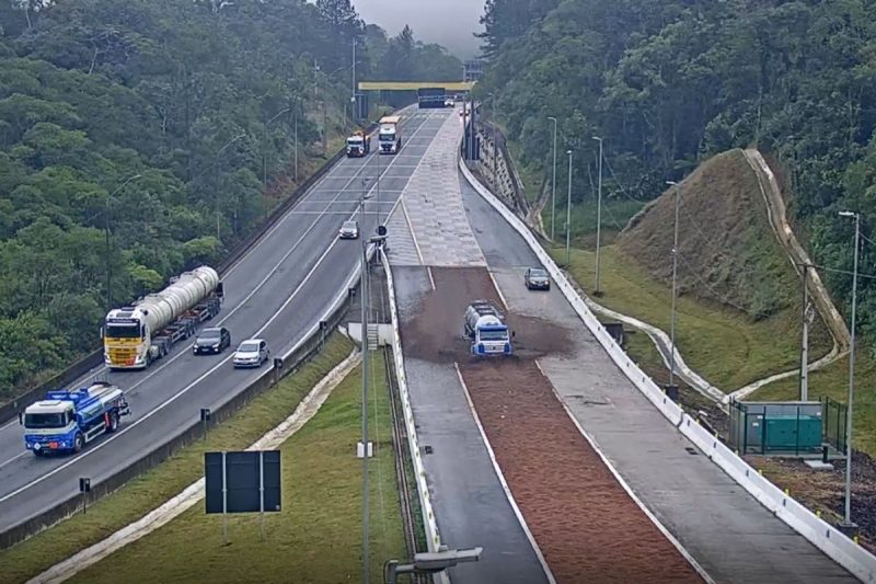 Caminh&atilde;o percorreu 50 metros pela &aacute;rea de escape – Foto: Arteris Litoral Sul/Divulga&ccedil;&atilde;o