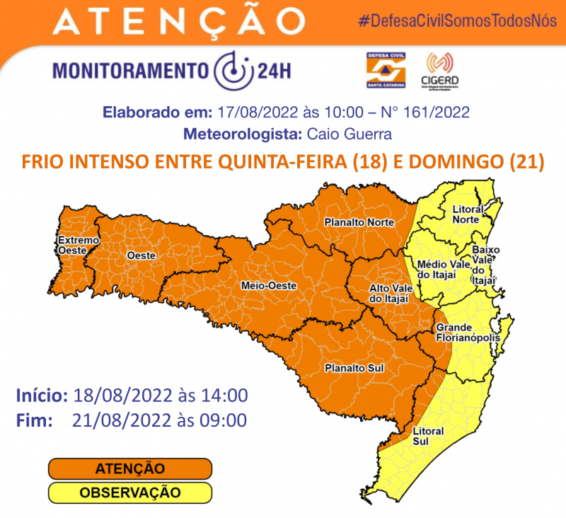 Defesa Civil emitiu alerta para frio intenso nos pr&oacute;ximos dias – Foto: Defesa Civil SC/Reprodu&ccedil;&atilde;o/ND