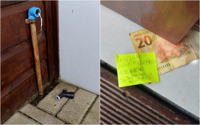 A pessoa que quebrou a torneira deixou um bilhete. – Foto: Cleiton C. Ferrasso/Divulga&ccedil;&atilde;o/ND