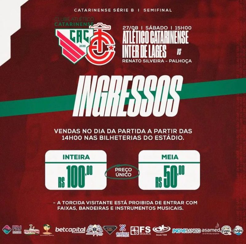 Ingressos a R$ 100 para a semifinal do Catarinense – Foto: CAC/Clube Atl&eacute;tico Catarinense/Divulga&ccedil;&atilde;o/ND