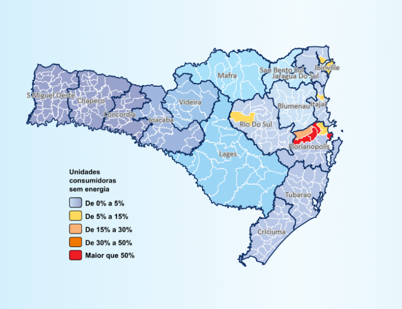 Apesar da redu&ccedil;&atilde;o em unidades sem energia, n&uacute;mero ainda segue alto – Foto: Celesc/Reprodu&ccedil;&atilde;o/ND
