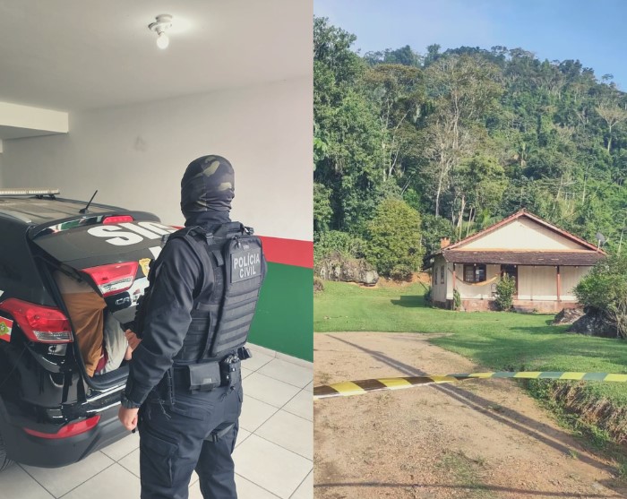 Tr&ecirc;s homens foram presos suspeitos da morte do casal Agostinho e Eliana em Timb&oacute;. – Foto: Divulga&ccedil;&atilde;o/Pol&iacute;cia Civil/Franciele Cardoso/ND