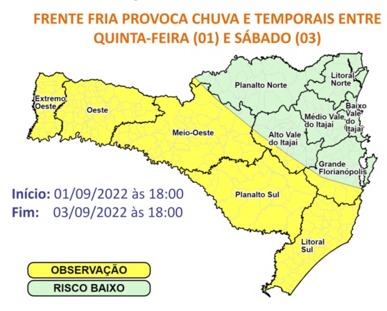 Ocorrências associadas aos temporais podem ser registradas nas áreas em amarelo do mapa &#8211; Foto: Reprodução/Defesa Civil/ND