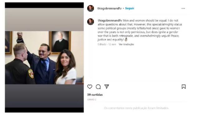 Empres&aacute;rio tamb&eacute;m se posicionou sobre caso do ator Johnny Depp – Foto: Reprodu&ccedil;&atilde;o/@thiagobrennandfv/ND
