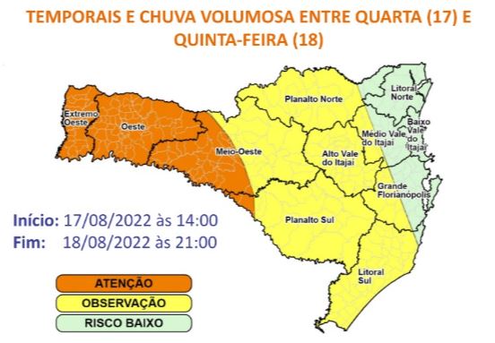 Áreas em laranja tem risco alto para ocorrências ocasionadas pela chuva – Foto: DCSC/Divulgação/ND