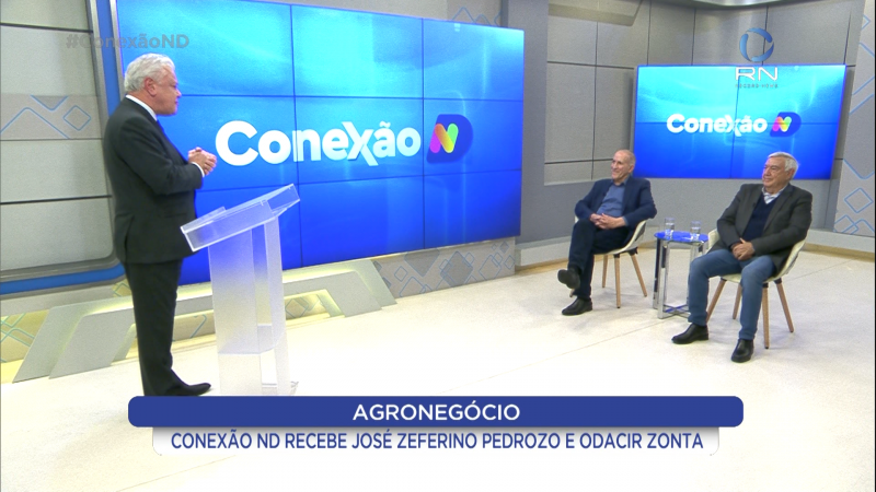 Paulo Alceu conversa nesta ter&ccedil;a-feira (30) com o presidente da Faesc (Federa&ccedil;&atilde;o da Agricultura e Pecu&aacute;ria de SC), Jos&eacute; Zeferino Pedrozo, e com o cooperativista Odacir Zonta – Foto: Reprodu&ccedil;&atilde;o/NDTV