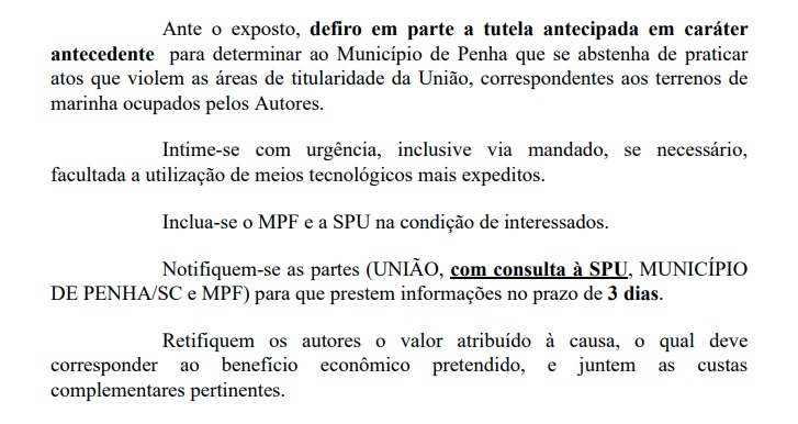parte da liminar que mandou parar obras