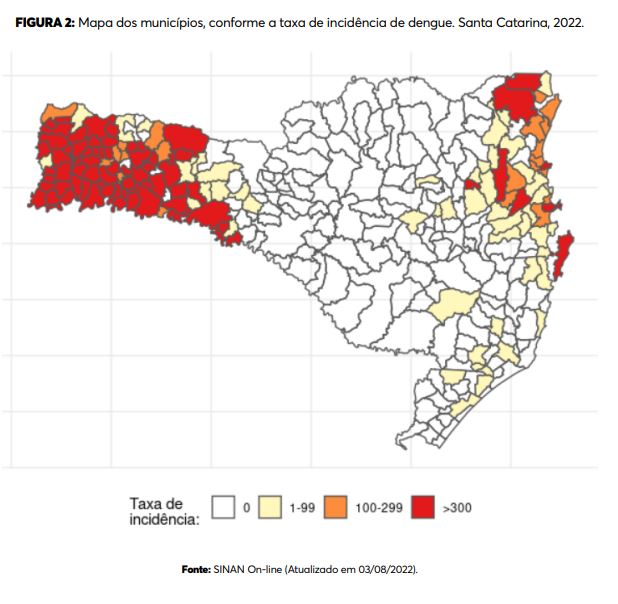 Na imagem, quanto mais escura a cor, mais casos de dengue são registrados &#8211; Foto: SES/Divulgação/ND