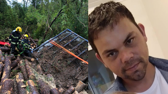 O homem conduzia uma carga de madeira de pinus. – Foto: Corpo de Bombeiros/ND