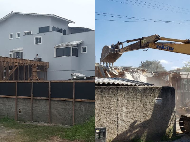 Primeira imagem mostra suposta constru&ccedil;&atilde;o irregular no Norte da Ilha e a segunda uma demoli&ccedil;&atilde;o feita pela SMDU – Foto: Arquivo Pessoal + SMDU/Divulga&ccedil;&atilde;o/ND