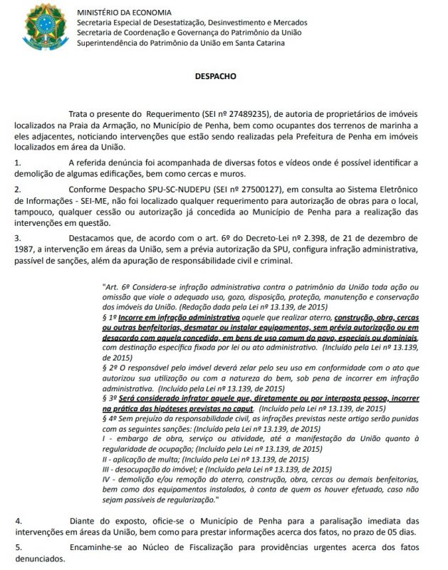 documento sobre demolição em penha