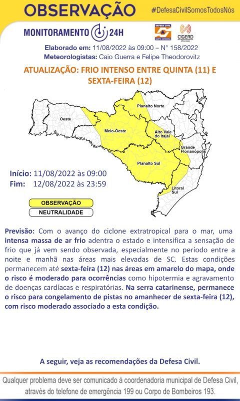 Áreas em amarelo no mapa devem ser as mais atingidas pelo frio intenso em SC &#8211; Foto: Defesa Civil