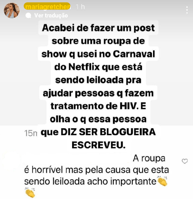 Coment&aacute;rio feito pela cantora em seus stories do Instagram – Foto: @mariagretchen/Instagram/Reprodu&ccedil;&atilde;o/ND