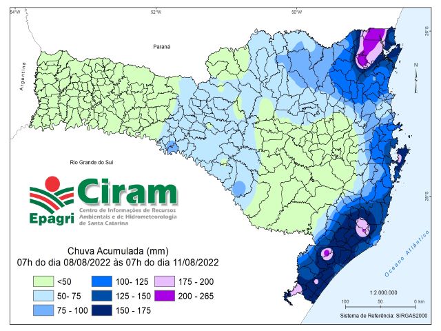 Distribui&ccedil;&atilde;o espacial da precipita&ccedil;&atilde;o acumulada em Santa Catarina em 72 horas – Foto: Epagri/Ciram/ND