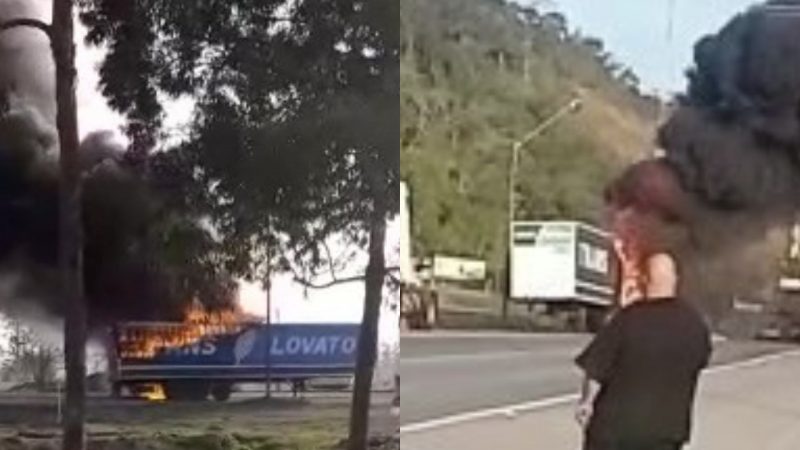 Caminh&atilde;o pega fogo e motoristas enfrentam fila quilom&eacute;trica na BR-470 em Navegantes – Foto: Reprodu&ccedil;&atilde;o/Internet/ND