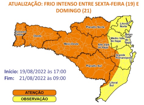 Alerta da Defesa Civil para frio intenso – Foto: Defesa Civil de SC/Divulgação/ND