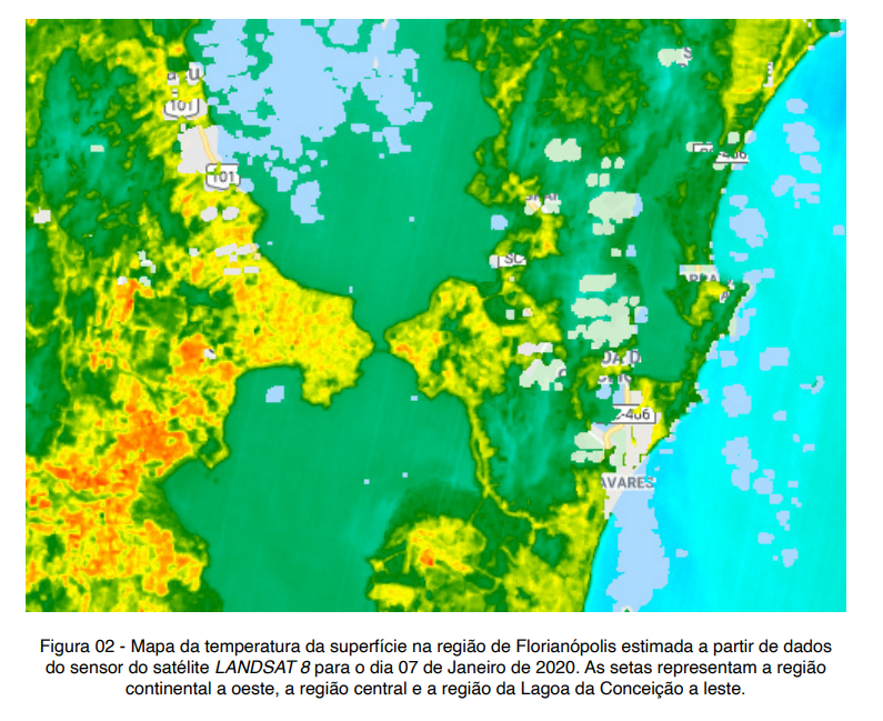Mapa da temperatura da superf&iacute;cie na regi&atilde;o de Florian&oacute;polis – Foto: UFSC/Reprodu&ccedil;&atilde;o/ND